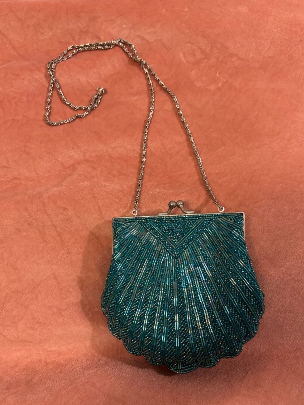 Turquoise Shell Shaped Evening Bag, detailed beadwork, pockets, attached mirror